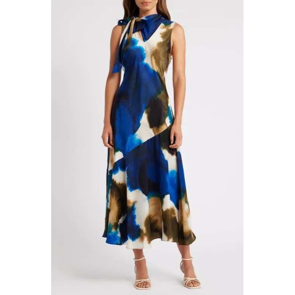 DKNY Abstract Watercolor Print Tie Neck Midi Dress SZ Medium Blue Brown Wedding